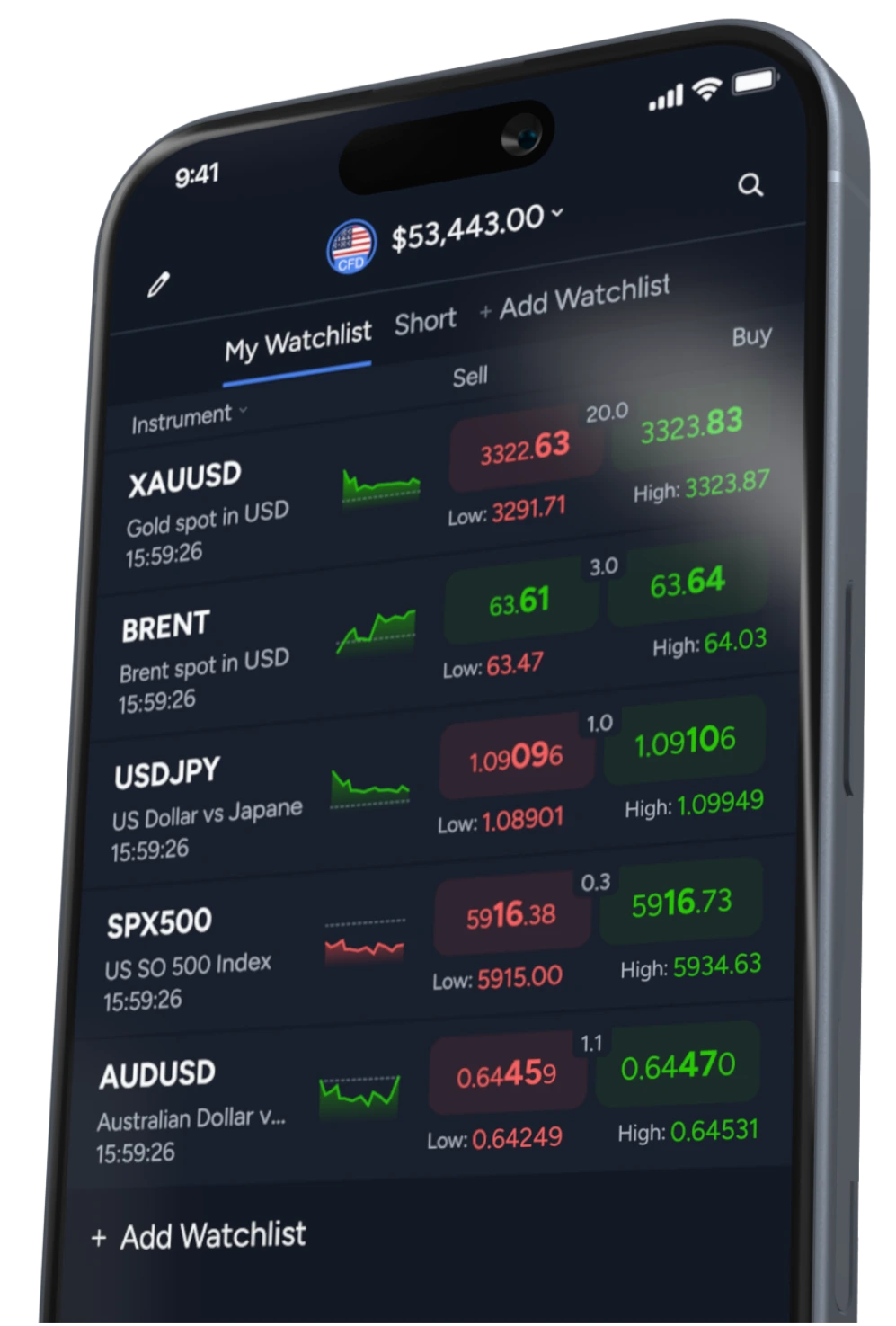 Trading mobile app interface